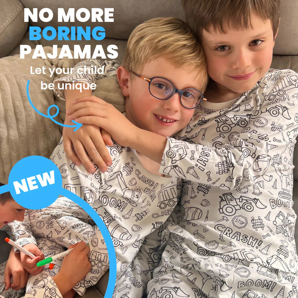 2-Piece Children’s Colorable Pajamas | Trucks & Excavators (4–8 years)