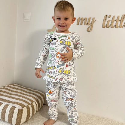 2-Piece Children’s Colorable Pajamas | Trucks & Excavators (4–8 years)