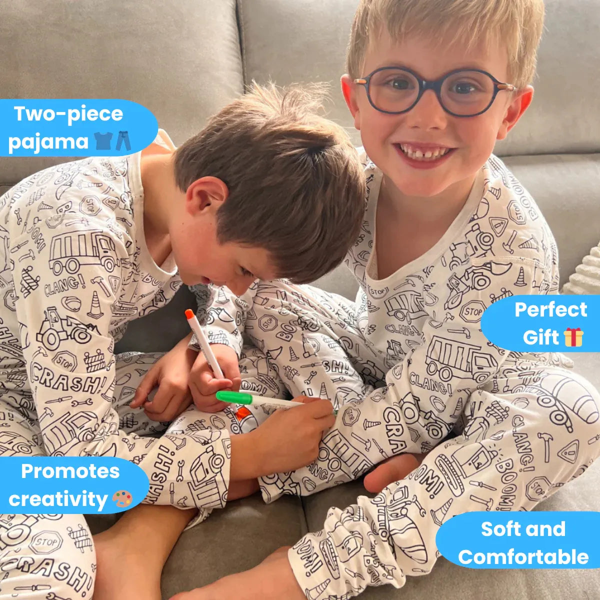 2-Piece Children’s Colorable Pajamas | Trucks & Excavators (4–8 years)