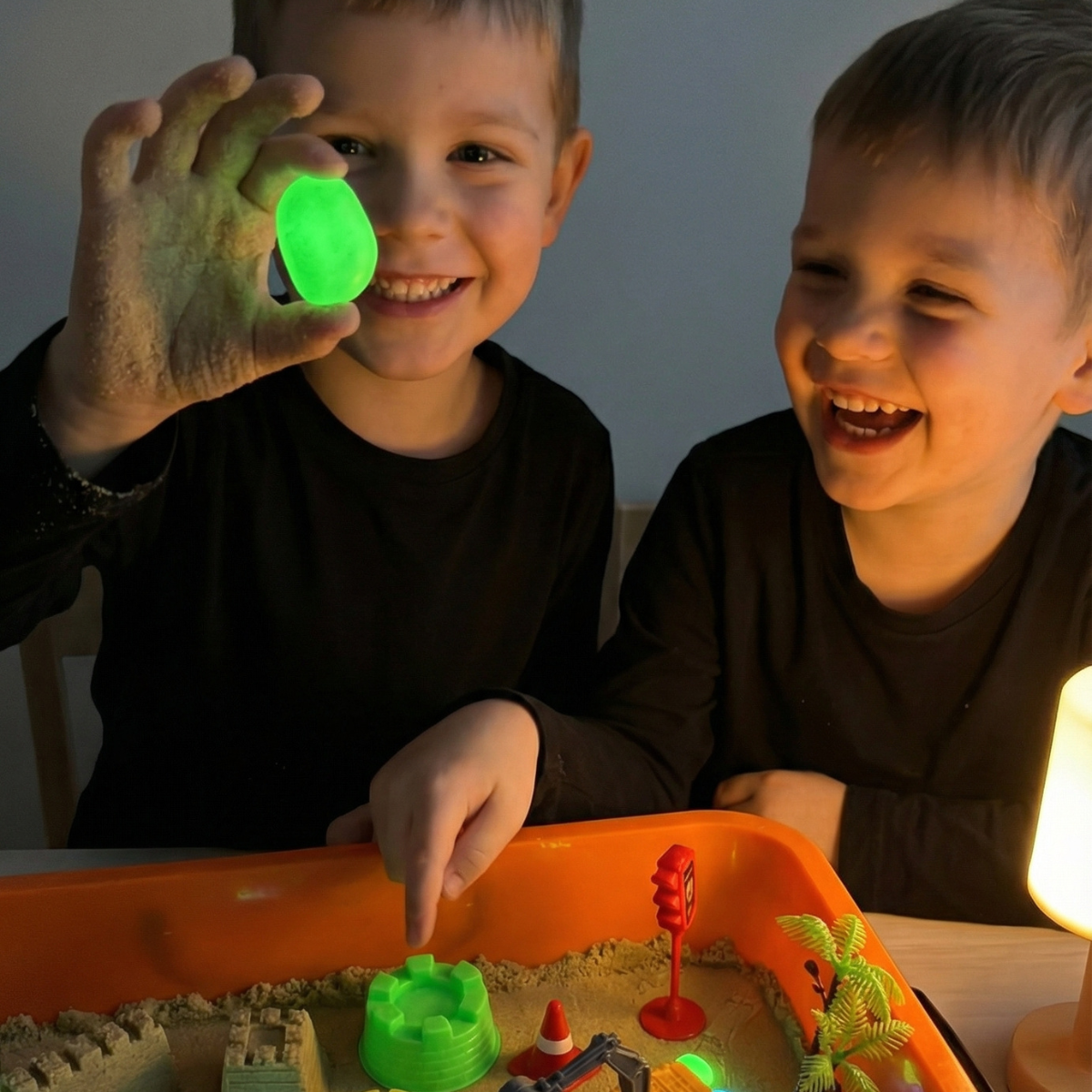 Sensory Play Set with Magnetic Sand and Glow Stones | Construction Site | for Kids 3+