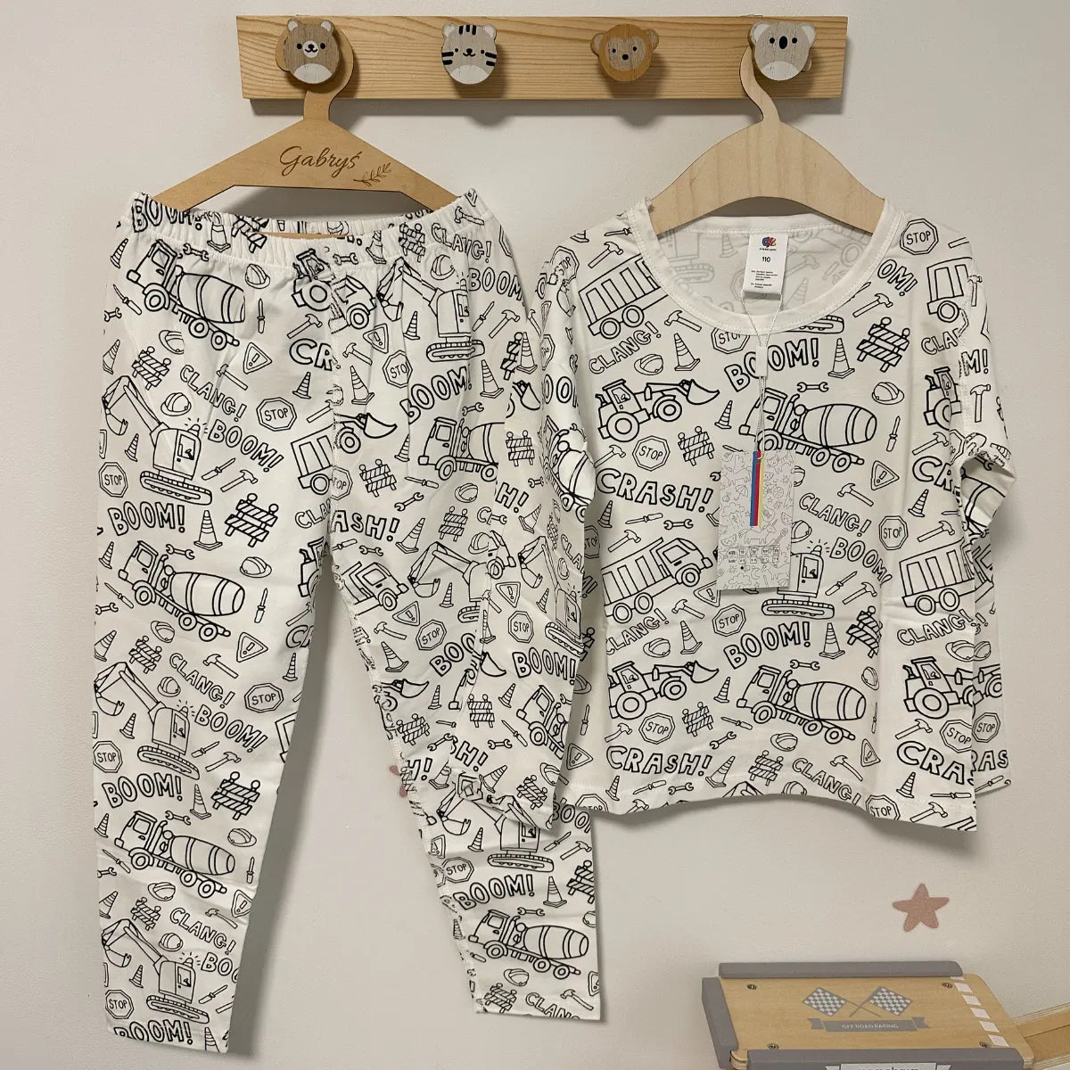 2-Piece Children’s Colorable Pajamas | Trucks & Excavators (4–8 years)